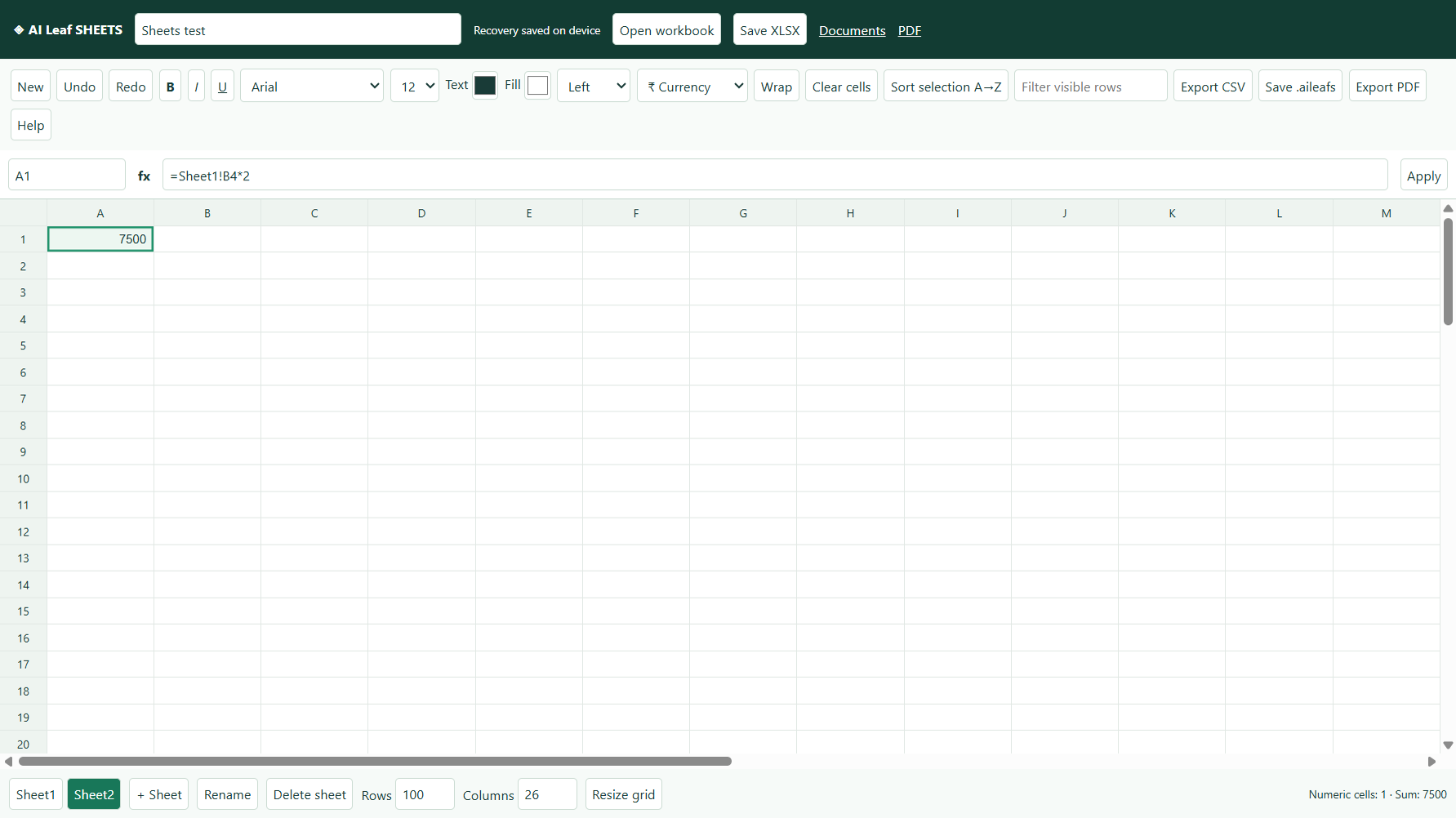 AI Leaf Sheets spreadsheet editor with formulas, sheet tabs and formatting controls
